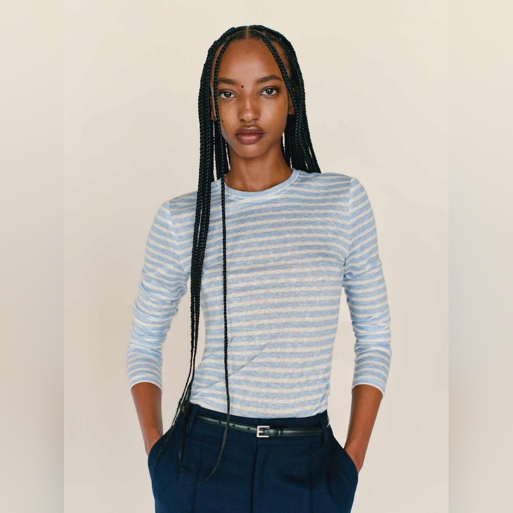 Reformation Light Blue and White Striped Long Sleeve Tee